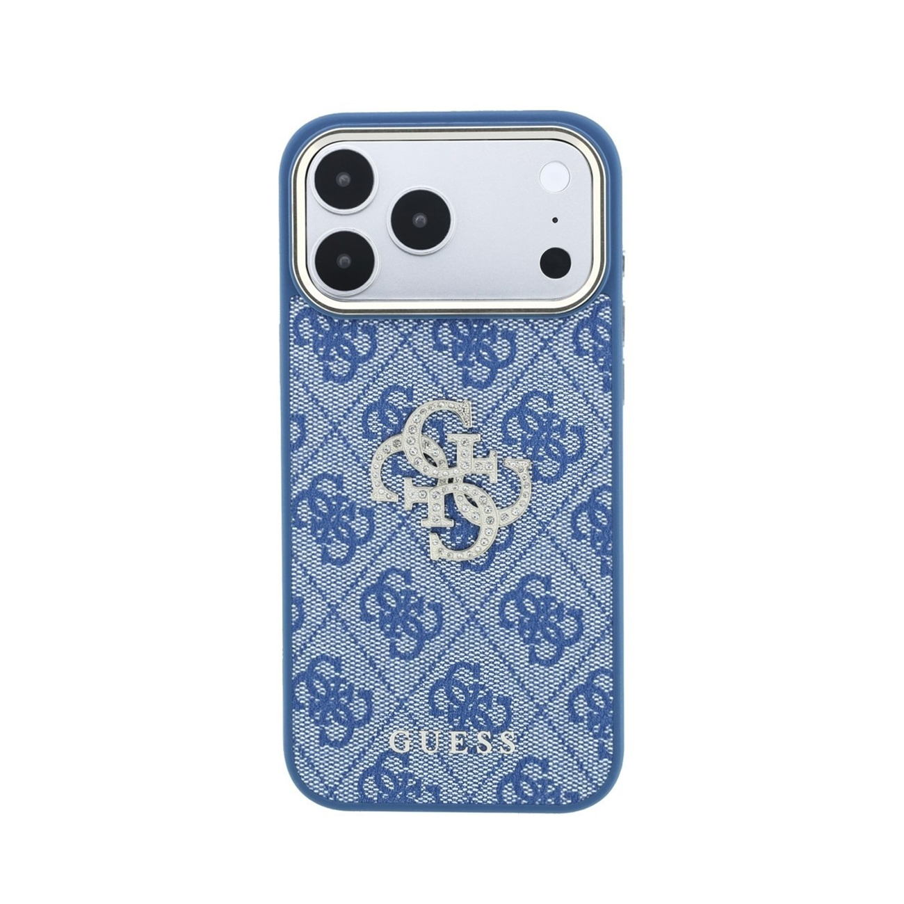 Funda de móvil Guess azul con monograma, logotipo de pedrería y recorte para cámara.