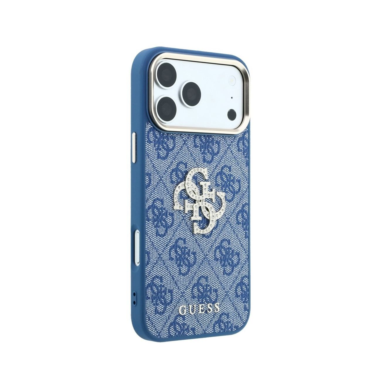 Funda azul para móvil con estampado Guess, logo de pedrería y hueco para cámara.