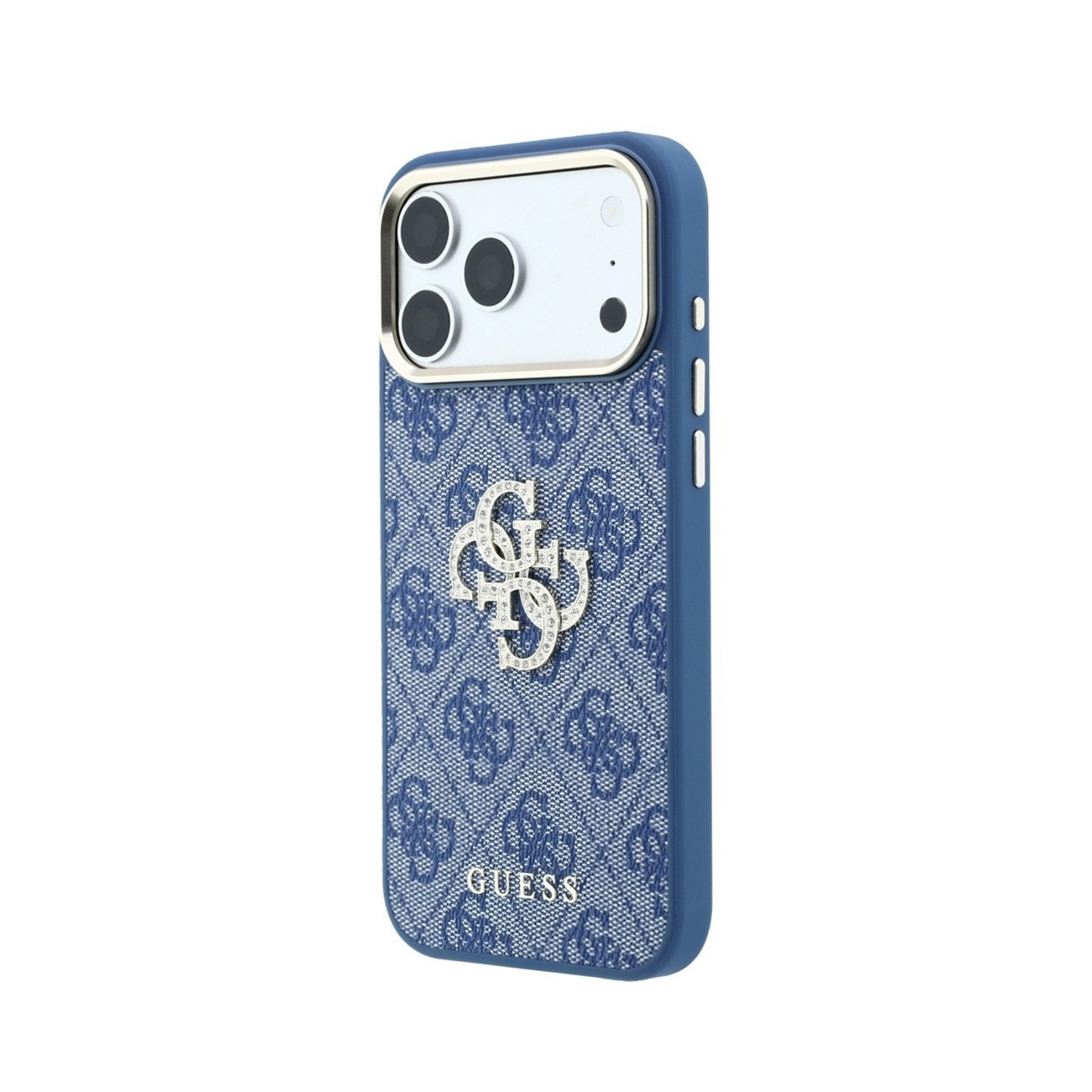 Funda azul de Guess con patrón de mezclilla, logo de diamantes y recorte para cámara.