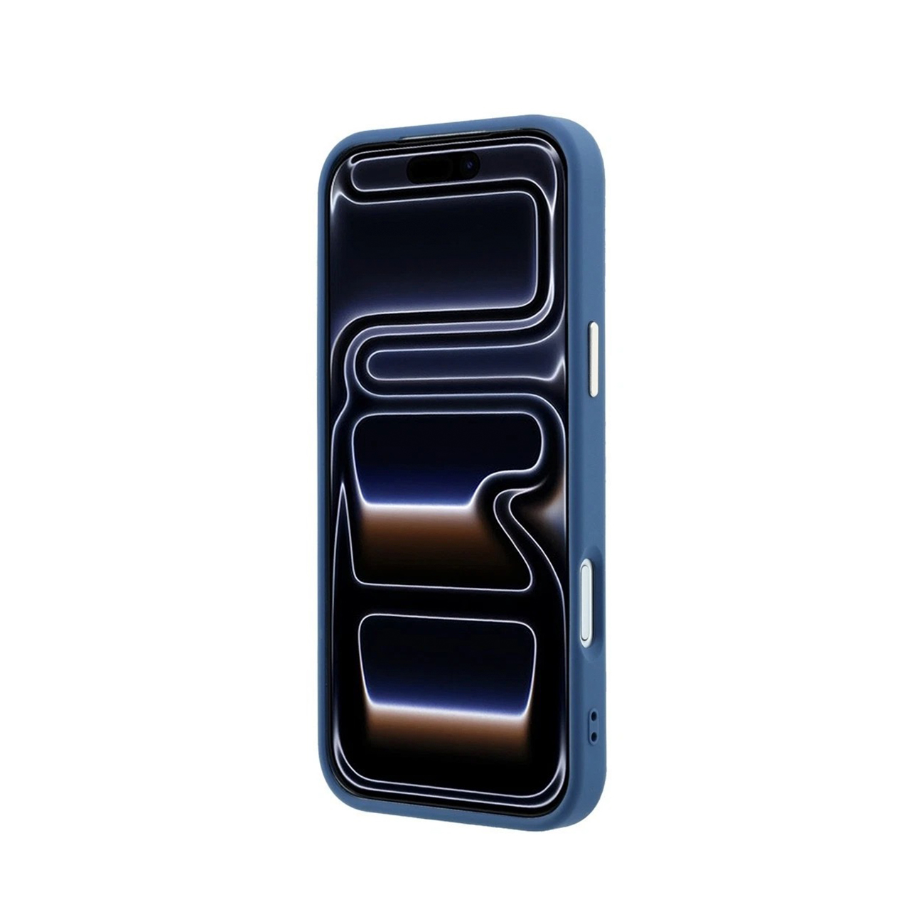 Un teléfono azul con pantalla de diseño de luz curva abstracta, visto en ángulo sobre fondo blanco.