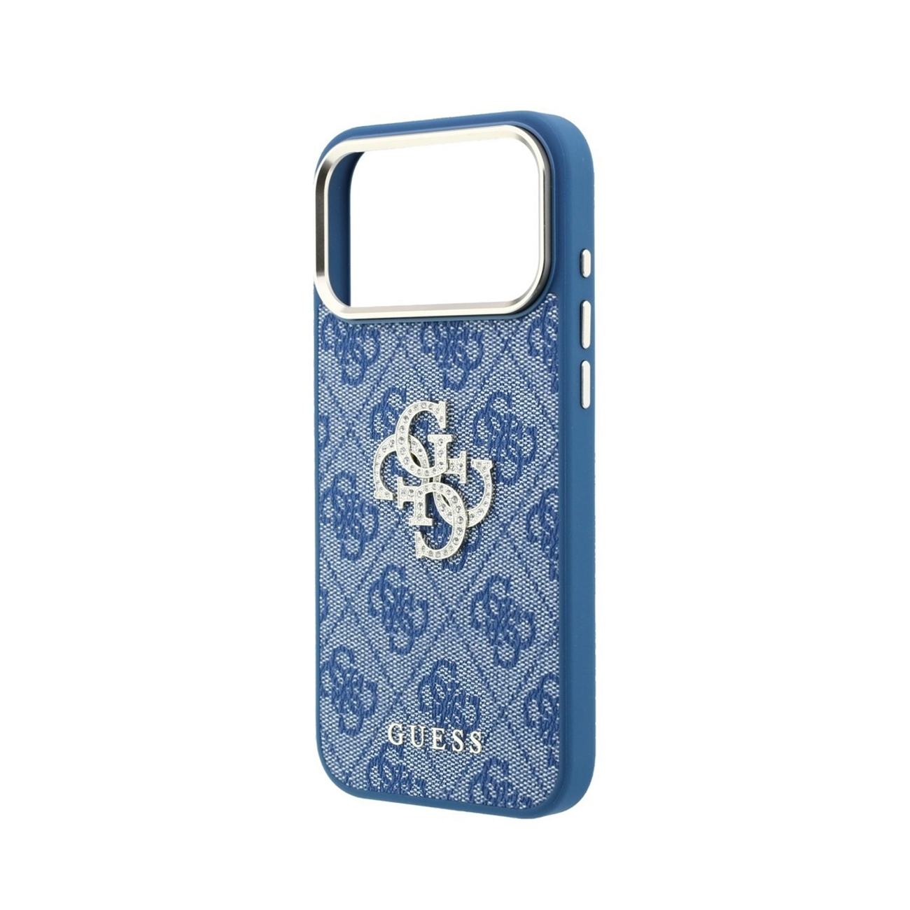 Funda de móvil Guess azul con textura vaquera, logo G brillante y marco de cámara plateado sobre fondo blanco.