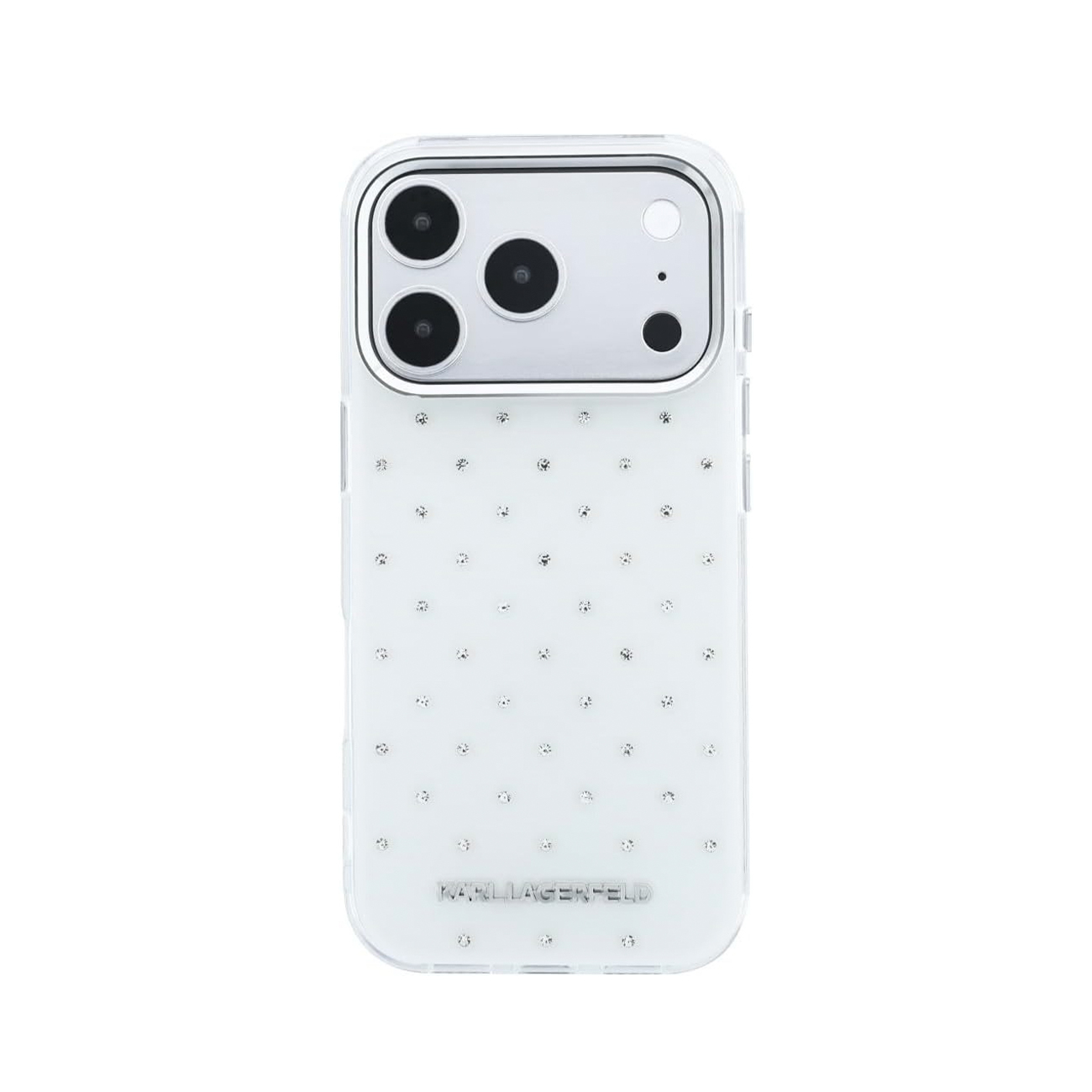 Funda transparente para móvil decorada con cristales brillantes y logotipo de Karl Lagerfeld.