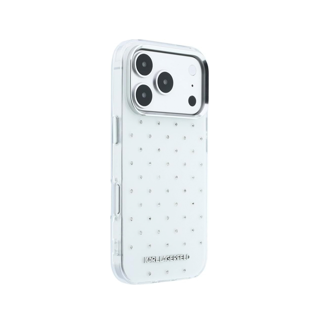 Funda de teléfono transparente con pedrería plateada y logotipo de Karl Lagerfeld sobre fondo blanco.