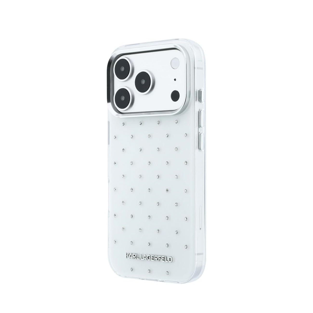 Funda de móvil transparente con detalles plateados brilhantes, marco de cámara y logo.