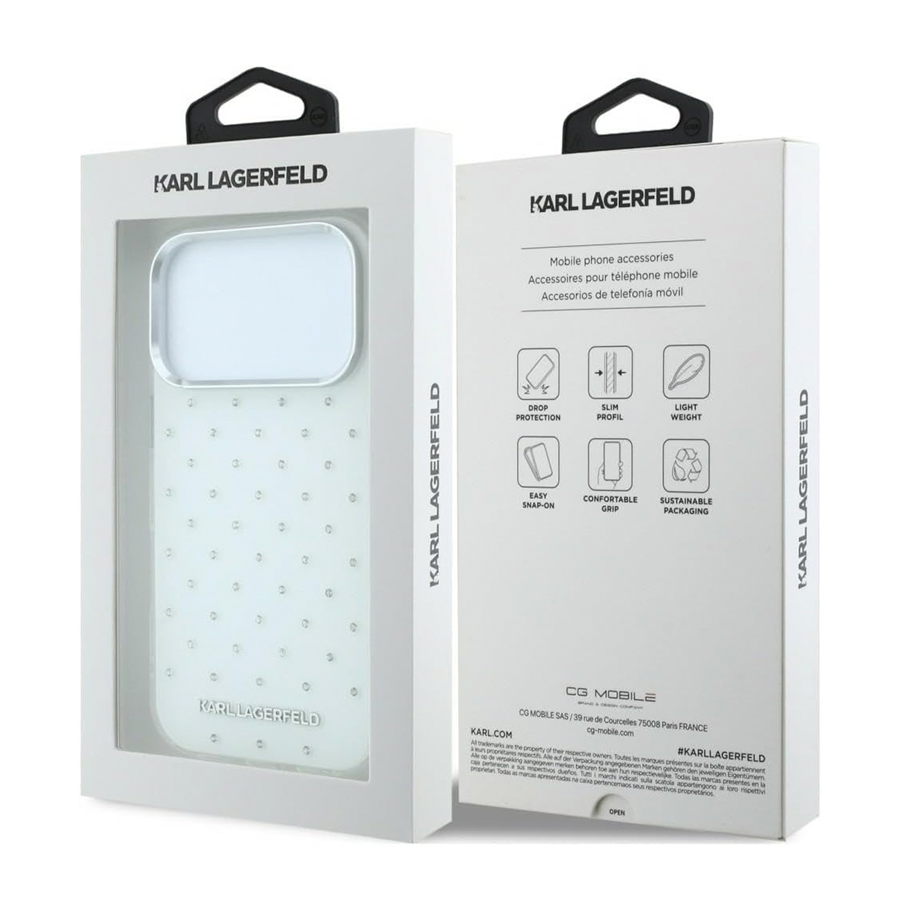 Funda para teléfono Karl Lagerfeld en embalaje blanco con características.