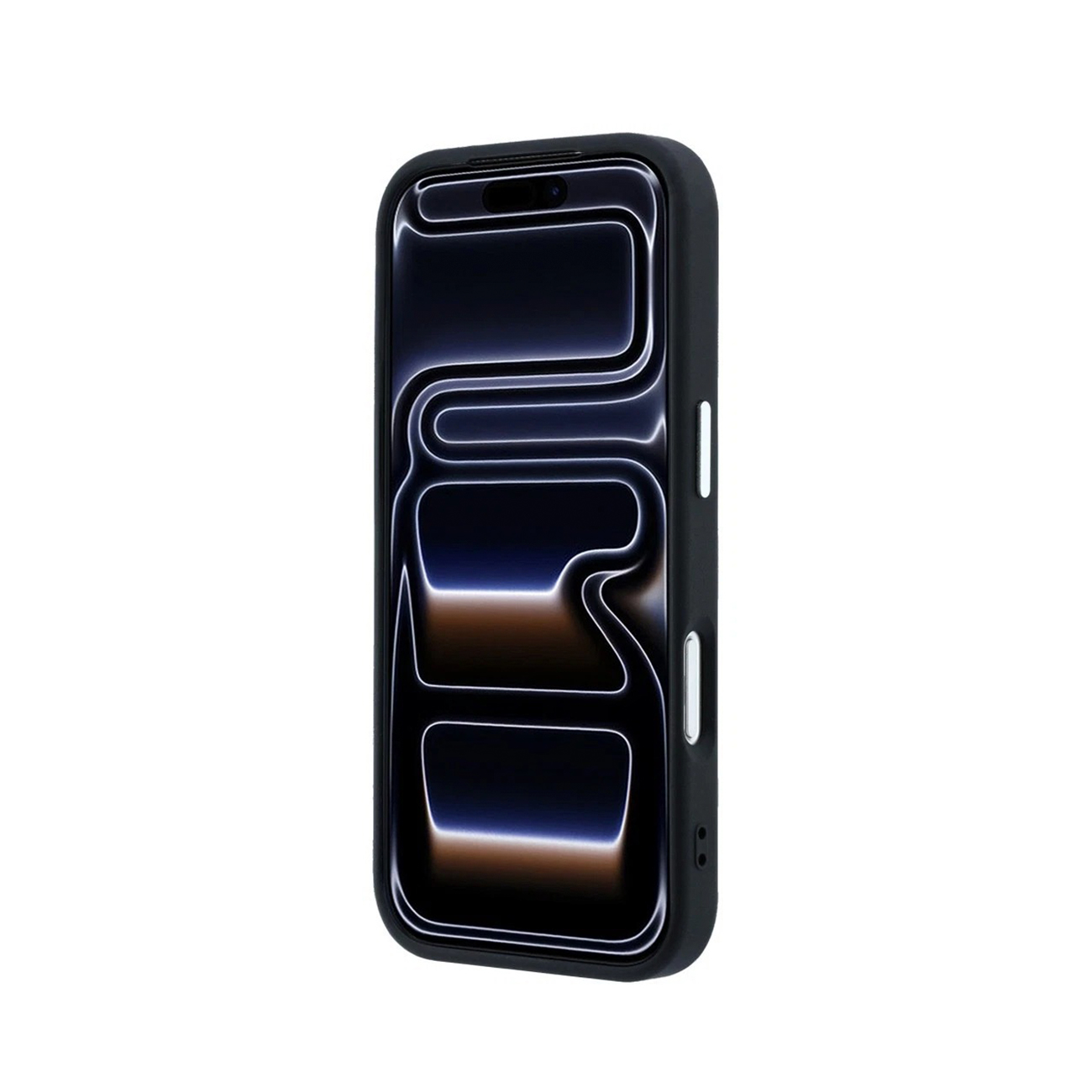 Un teléfono negro con funda protectora muestra un fondo abstracto brillante sobre un fondo blanco.