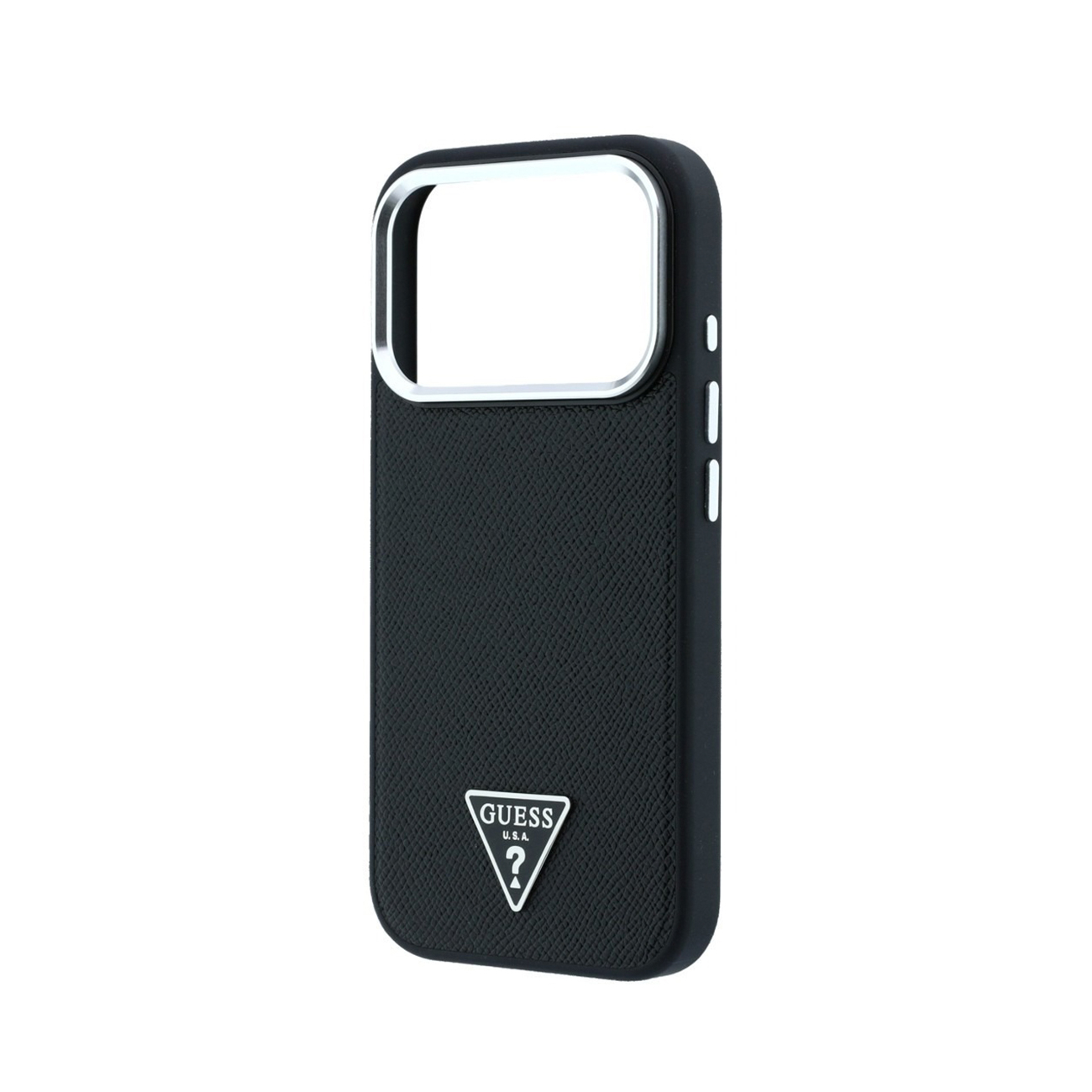 Funda para móvil negra con parte trasera texturizada, anillo de cámara plateado y logotipo de Guess.