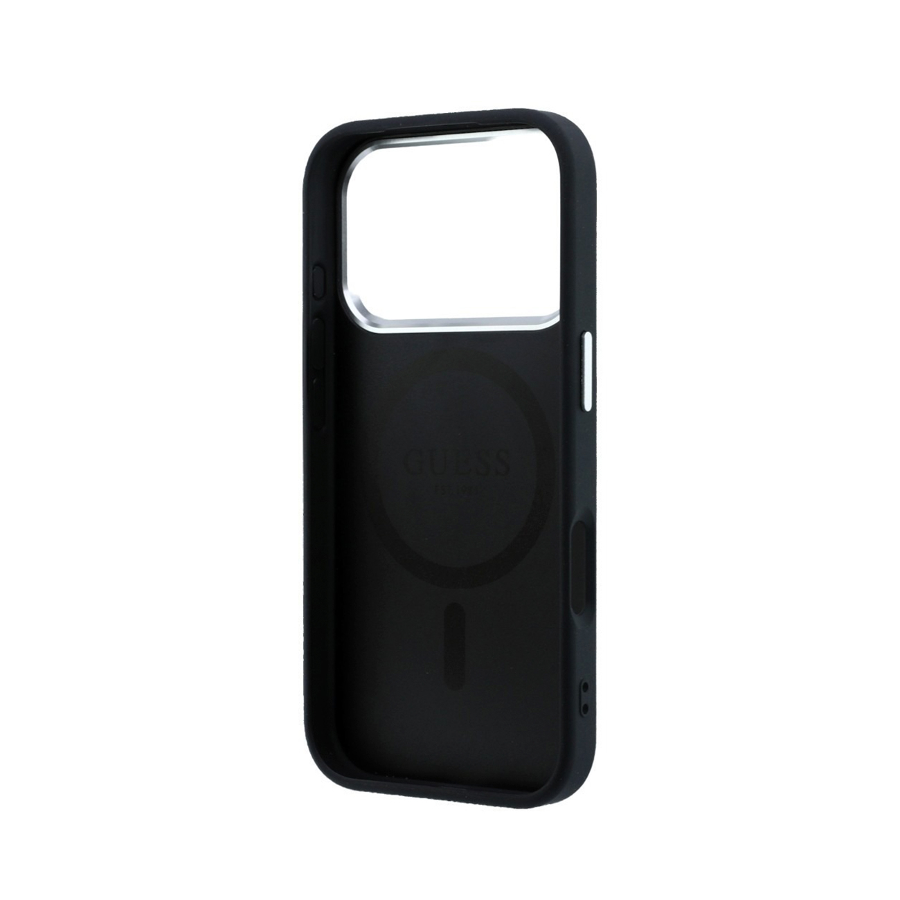 Una funda de smartphone negra con marco de cámara plateado y logotipo en el interior.