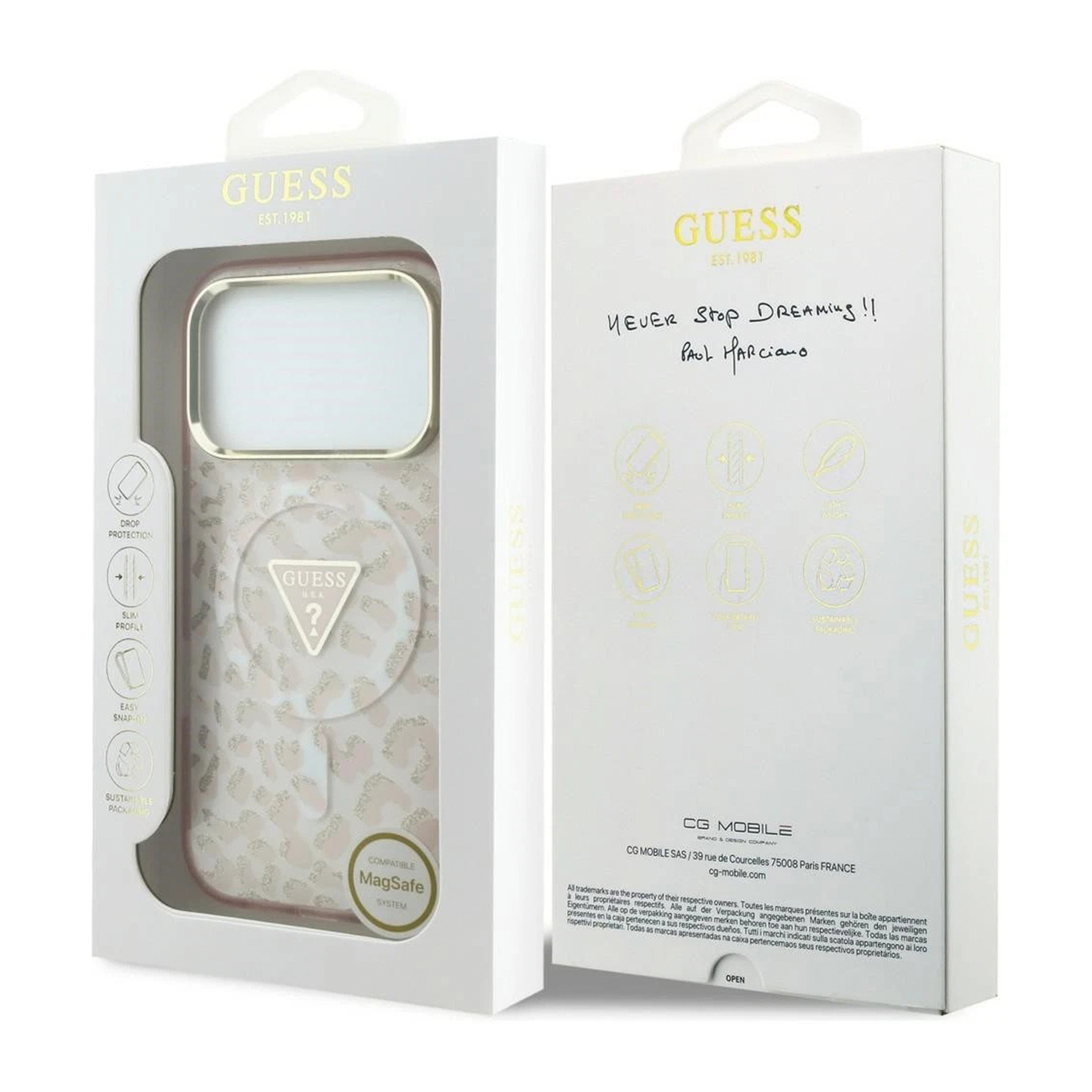 Empaque blanco para funda de telefono Guess con estampado de leopardo, compatibilidad MagSafe y logotipo.