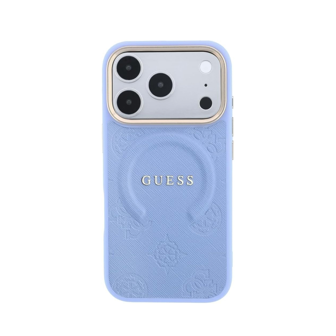 Una funda de smartphone Guess azul claro con detalles dorados y superficie texturizada sobre fondo blanco.