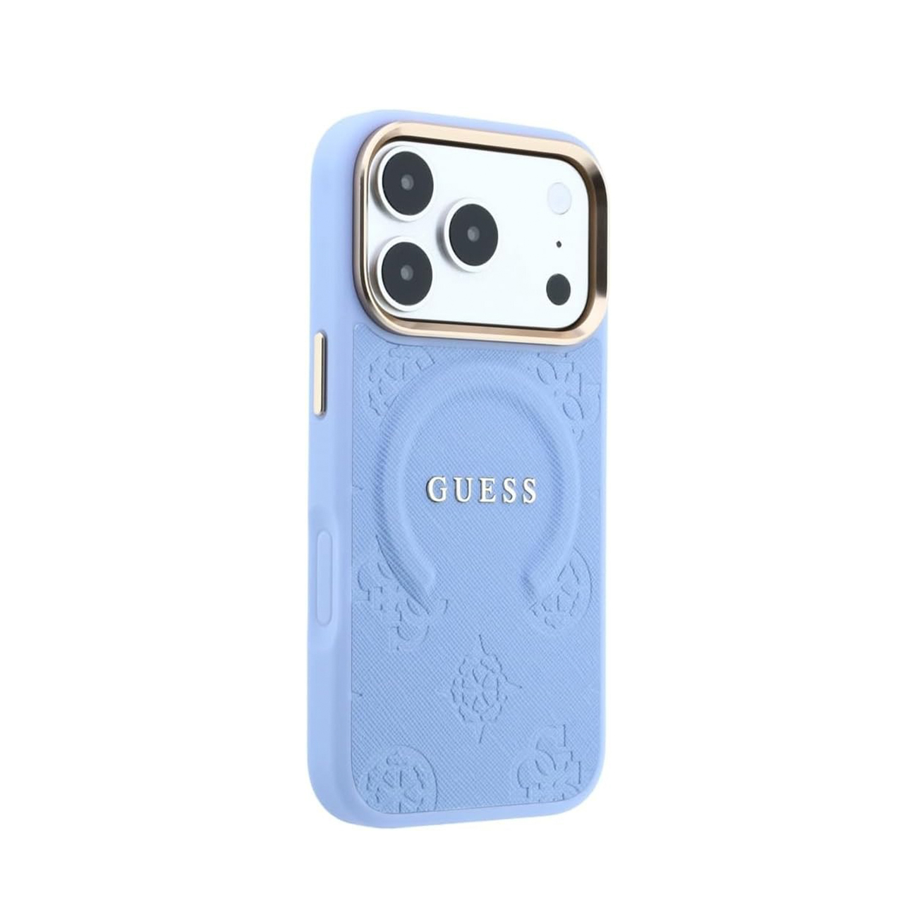 Funda azul para smartphone Guess con marco de cámara dorado y logotipo grabado en fondo blanco.