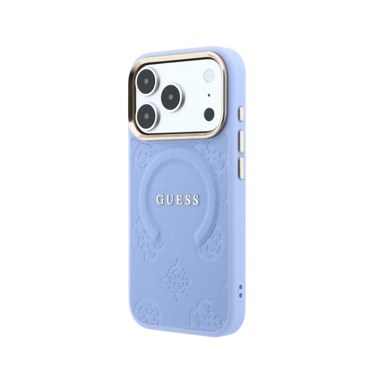 Funda de teléfono Guess azul claro con bisel de cámara dorado y logotipo en relieve sobre fondo blanco.