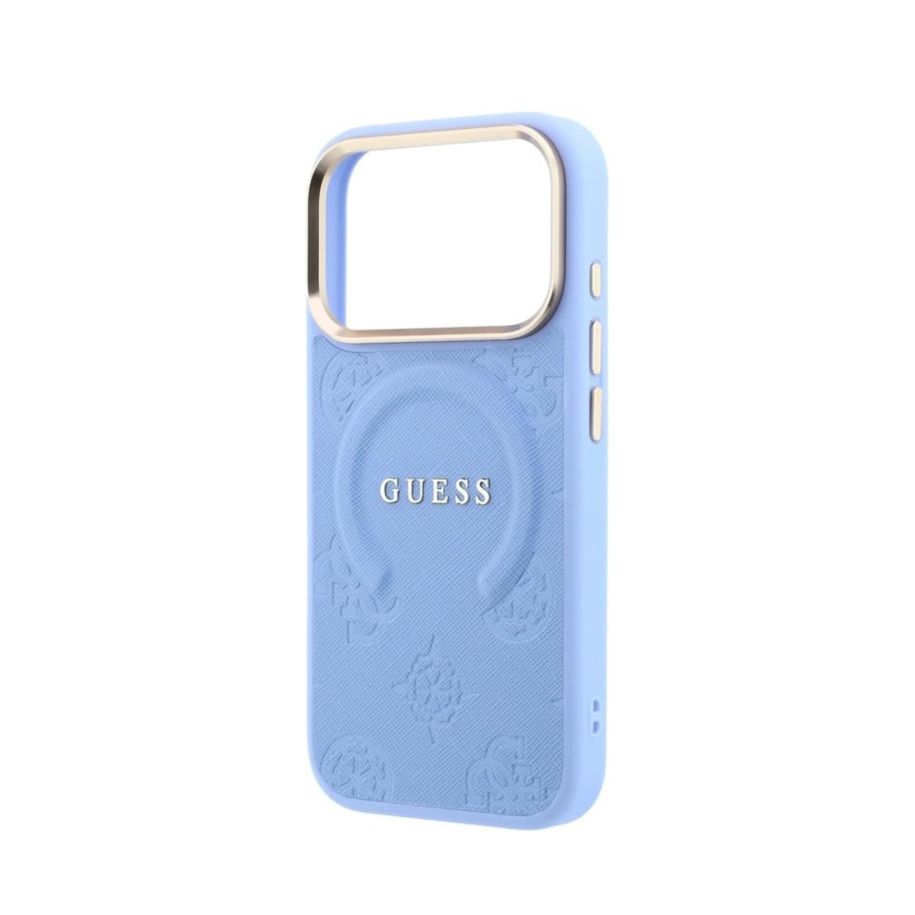 Funda de móvil Guess azul con marco de cámara dorado y logotipo grabado en fondo blanco.