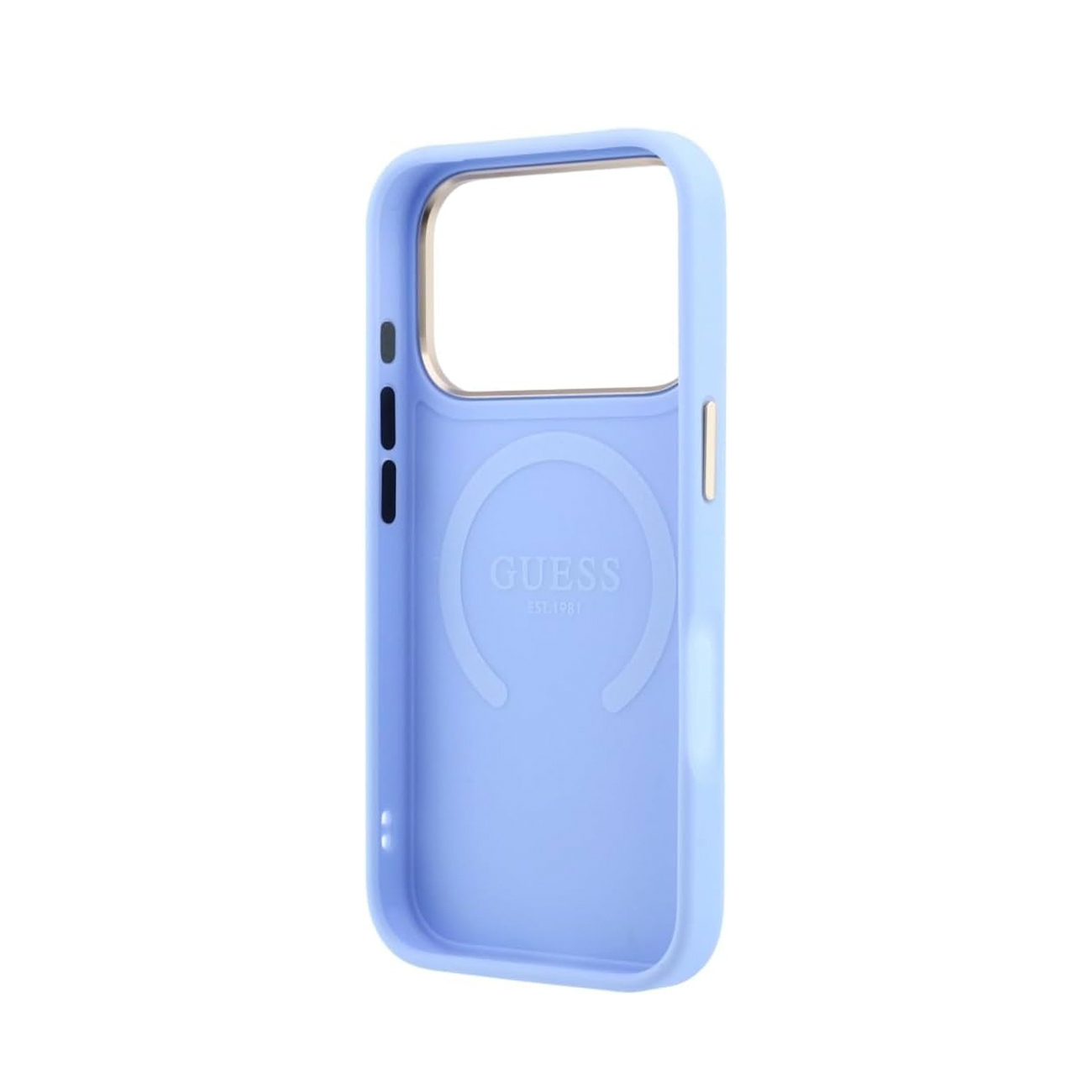 Una funda de móvil azul claro con la marca Guess y un anillo magnético en el interior.