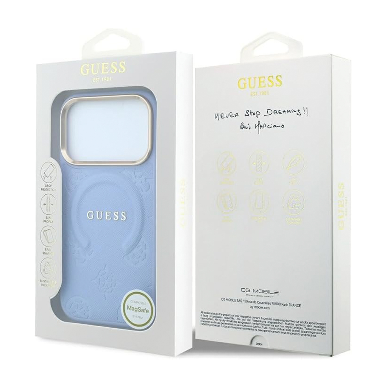 Funda para teléfono Guess azul en empaque blanco con detalles dorados y logotipos.