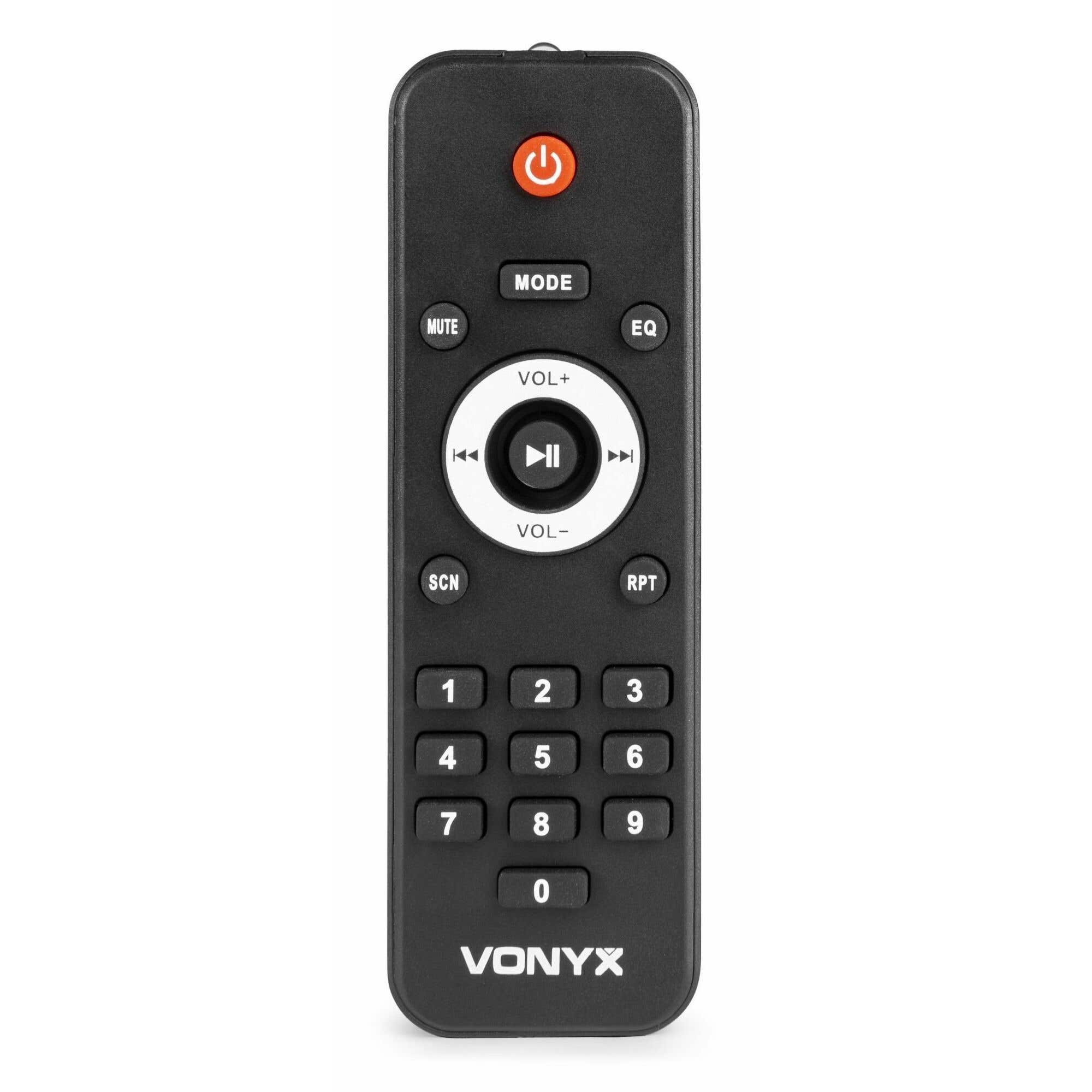 Un control remoto Vonyx negro con botón de encendido naranja, anillo de volumen y botones numéricos sobre fondo blanco.