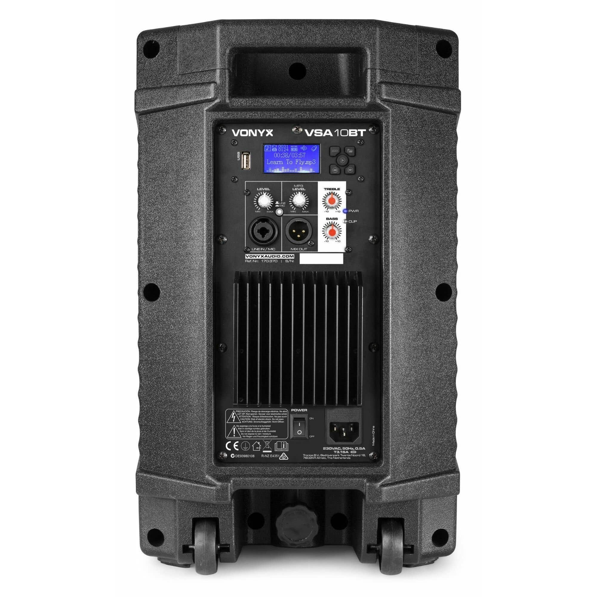 Panel trasero de un altavoz negro Vonyx VSA10BT con pantalla, perillas de control y puertos.