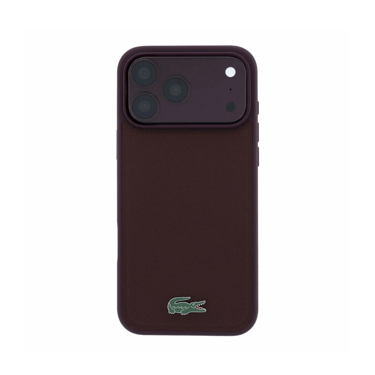 Funda de smartphone morada oscura con parte trasera texturizada y logotipo de cocodrilo verde.