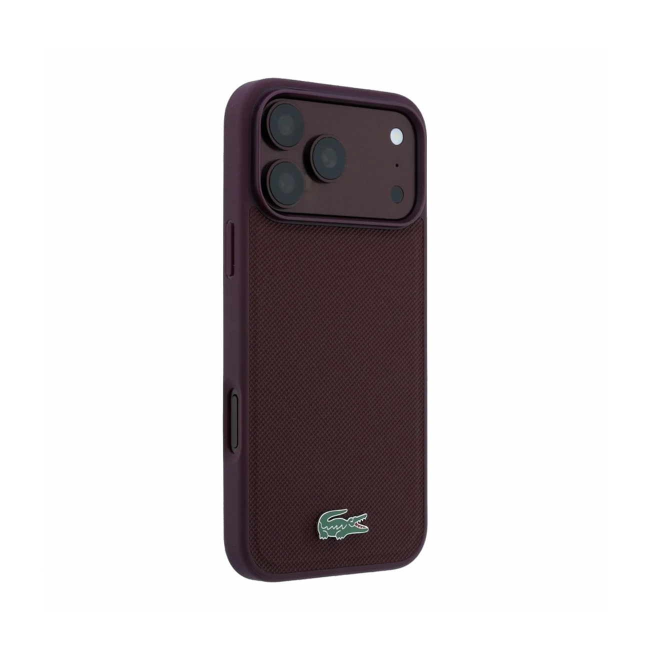Funda de smartphone morada oscura con parte trasera texturizada y un pequeño logotipo de cocodrilo.