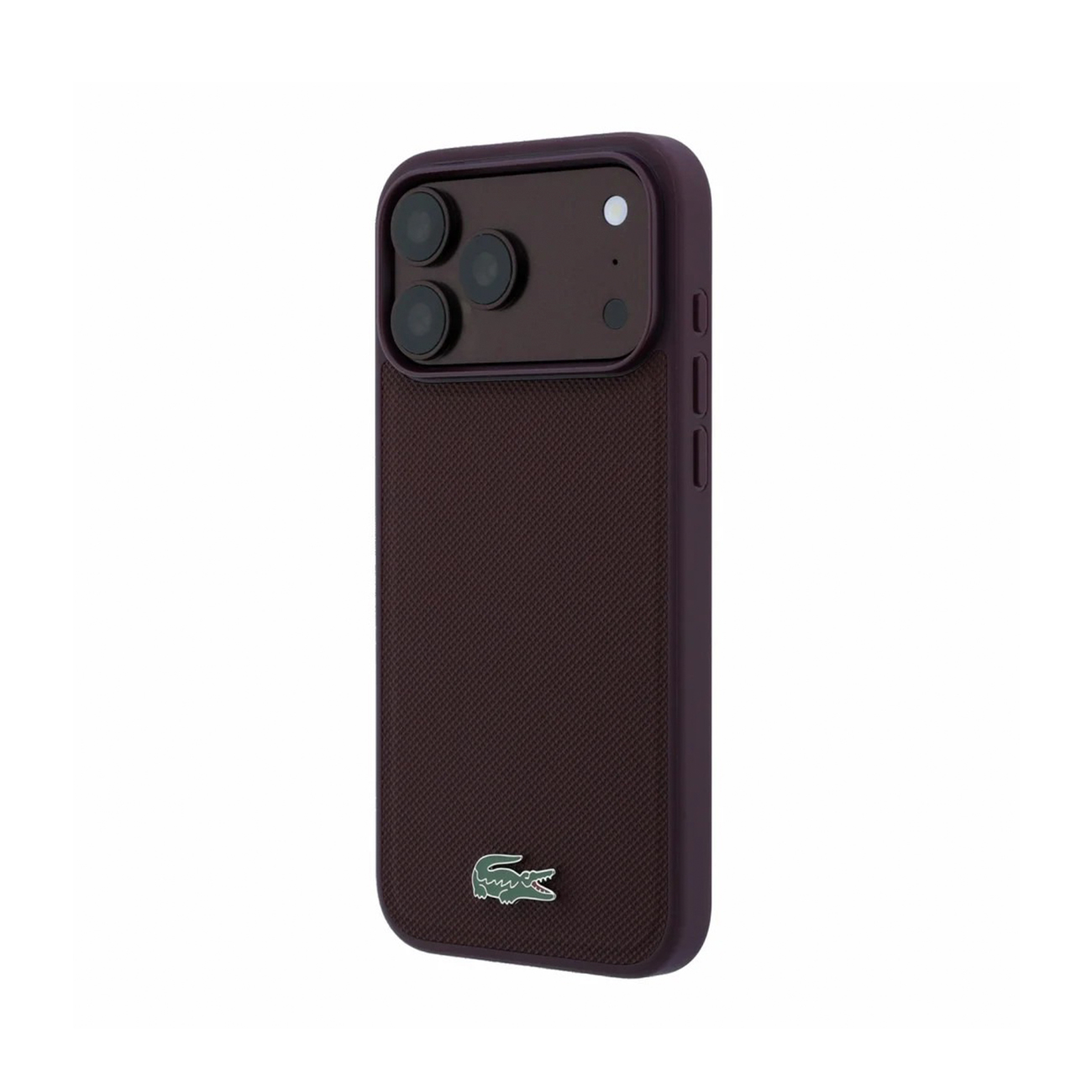 Funda de smartphone morada oscura con parte trasera texturizada, tres lentes de cámara y un logotipo de cocodrilo.