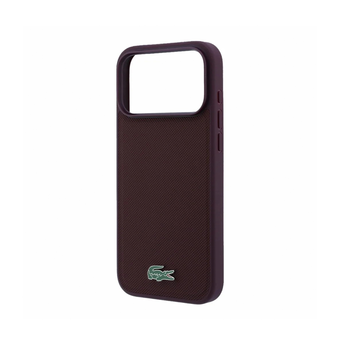 Funda de móvil morada con parte trasera texturizada, marco de cámara elevado y pequeño logotipo de cocodrilo verde.