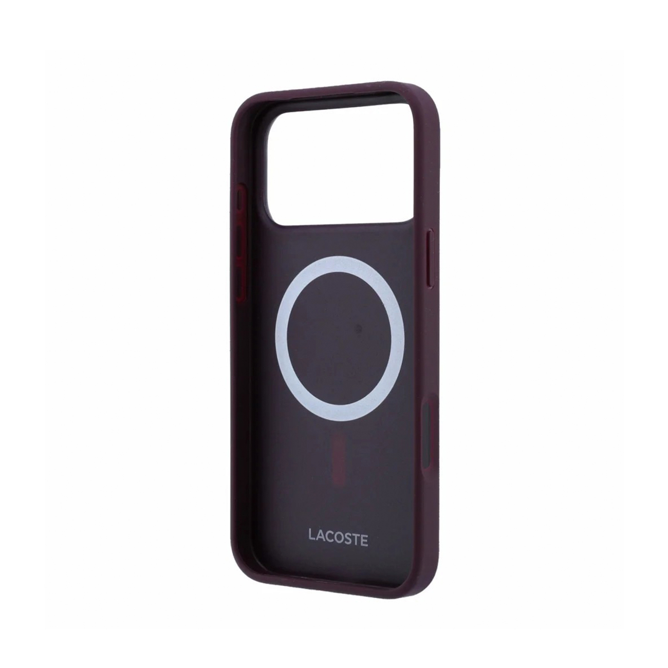 Funda de móvil Lacoste rojo oscuro con anillo MagSafe blanco sobre fondo blanco.