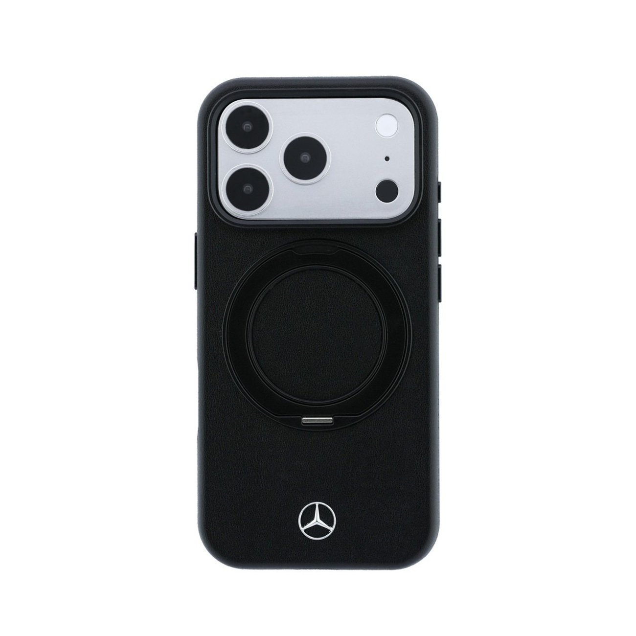 Funda de teléfono negra con módulo de cámara plateado, anillo magnético y logotipo de Mercedes.