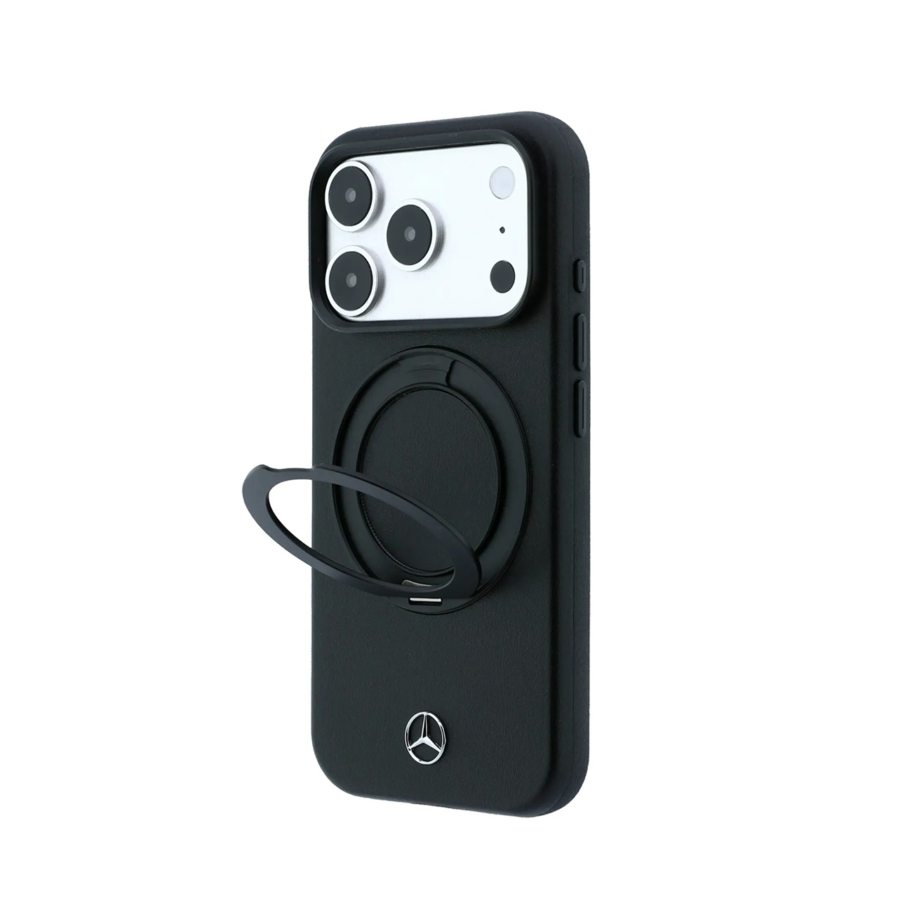 Funda de móvil negra con soporte de anillo integrado y logo plateado de Mercedes sobre fondo blanco.