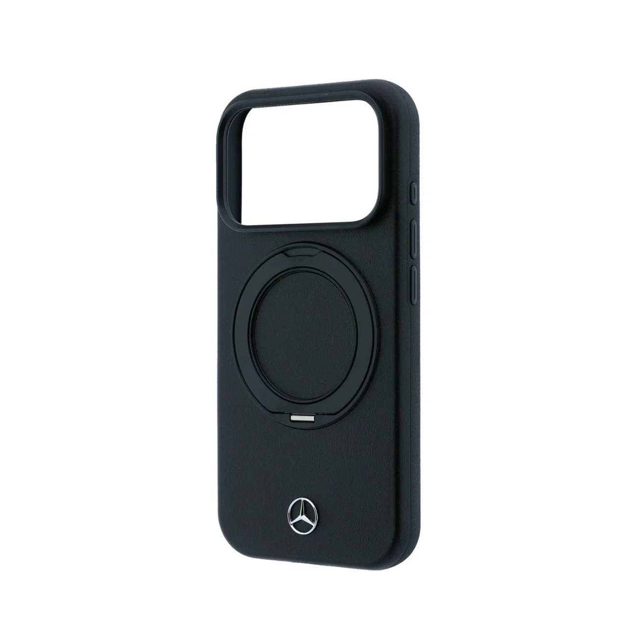 Funda de teléfono negra con recorte para cámara, anillo MagSafe y logotipo plateado de Mercedes-Benz.