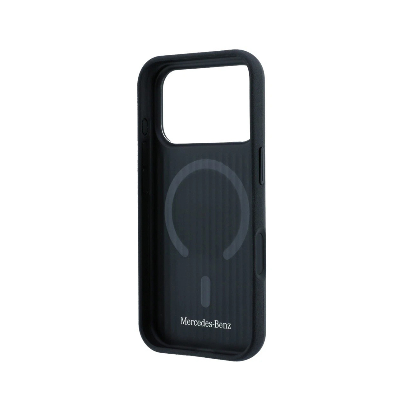 Vista interior de una funda de móvil negra Mercedes-Benz con anillo magnético.