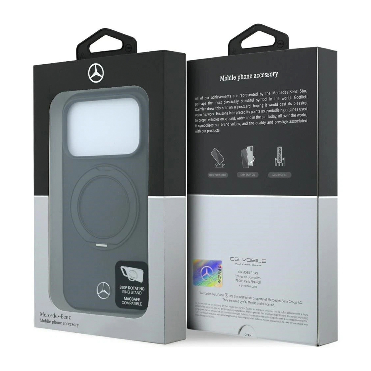 Funda para móvil Mercedes-Benz en caja con soporte de anillo y logo.