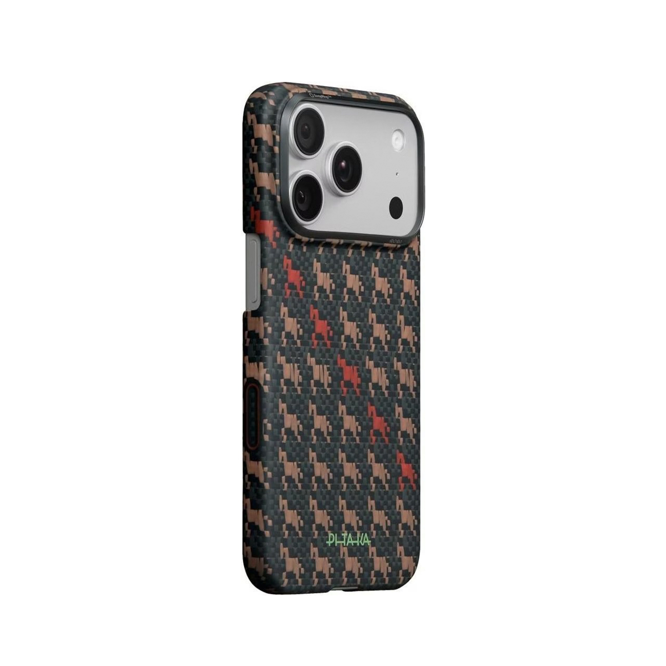 Funda de móvil negra con patrón de píxeles rojo-marrón y recorte de cámara redondo sobre fondo blanco.