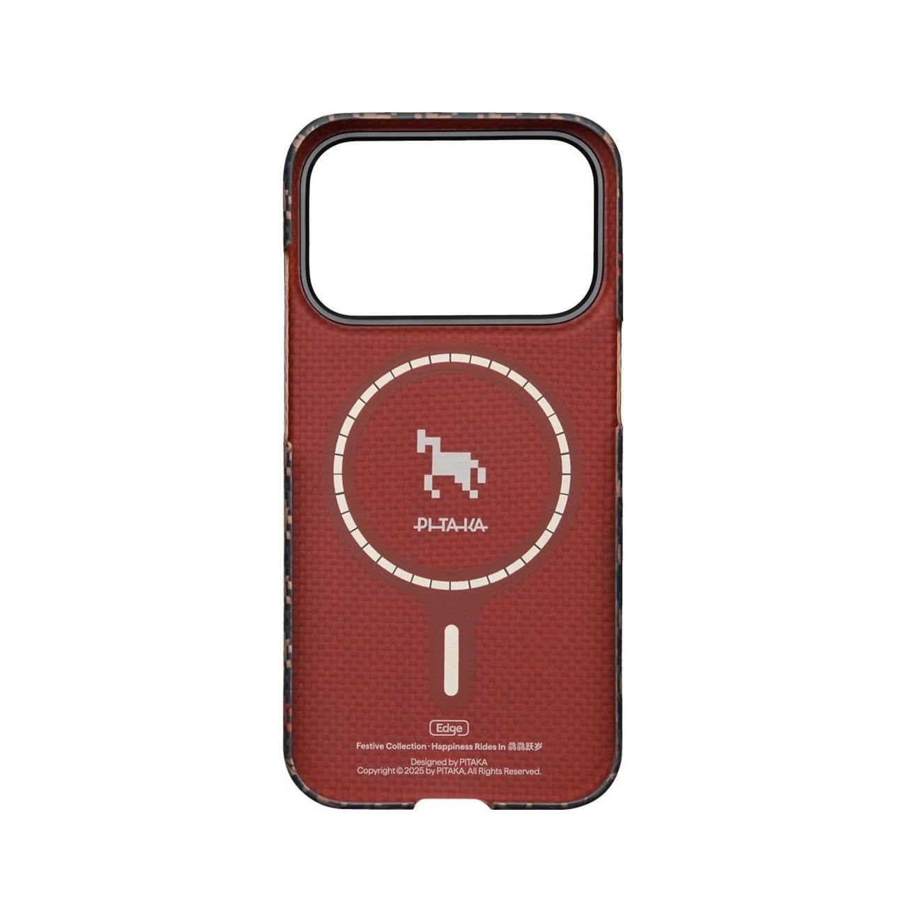 Fundas de móvil rojas con anillo MagSafe, logotipo de caballo pixelado blanco y texto abajo sobre fondo blanco.
