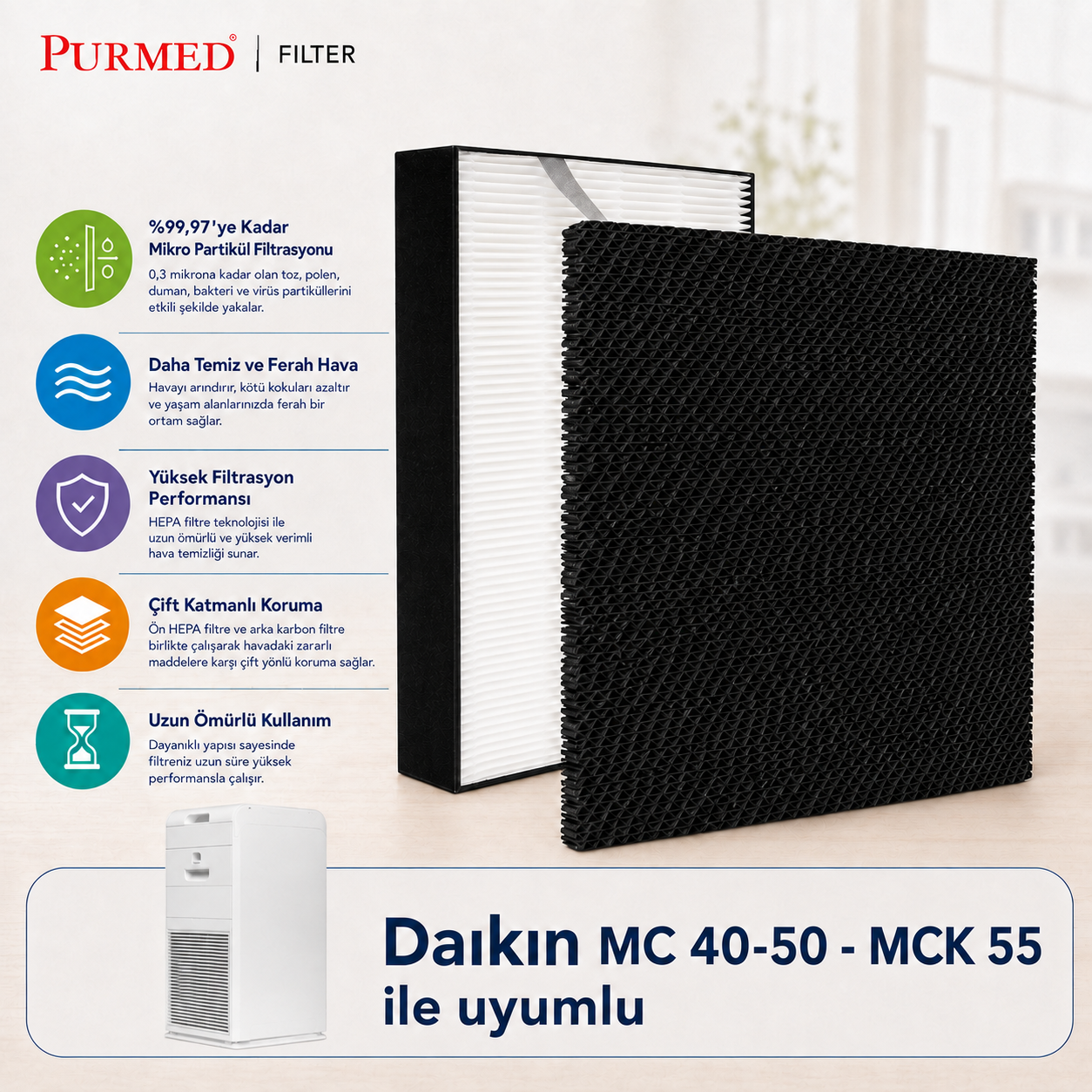 Daikin MC 40-50 ve MCK 55 ile uyumlu, HEPA ve karbon katmanlı Purmed hava filtresi.