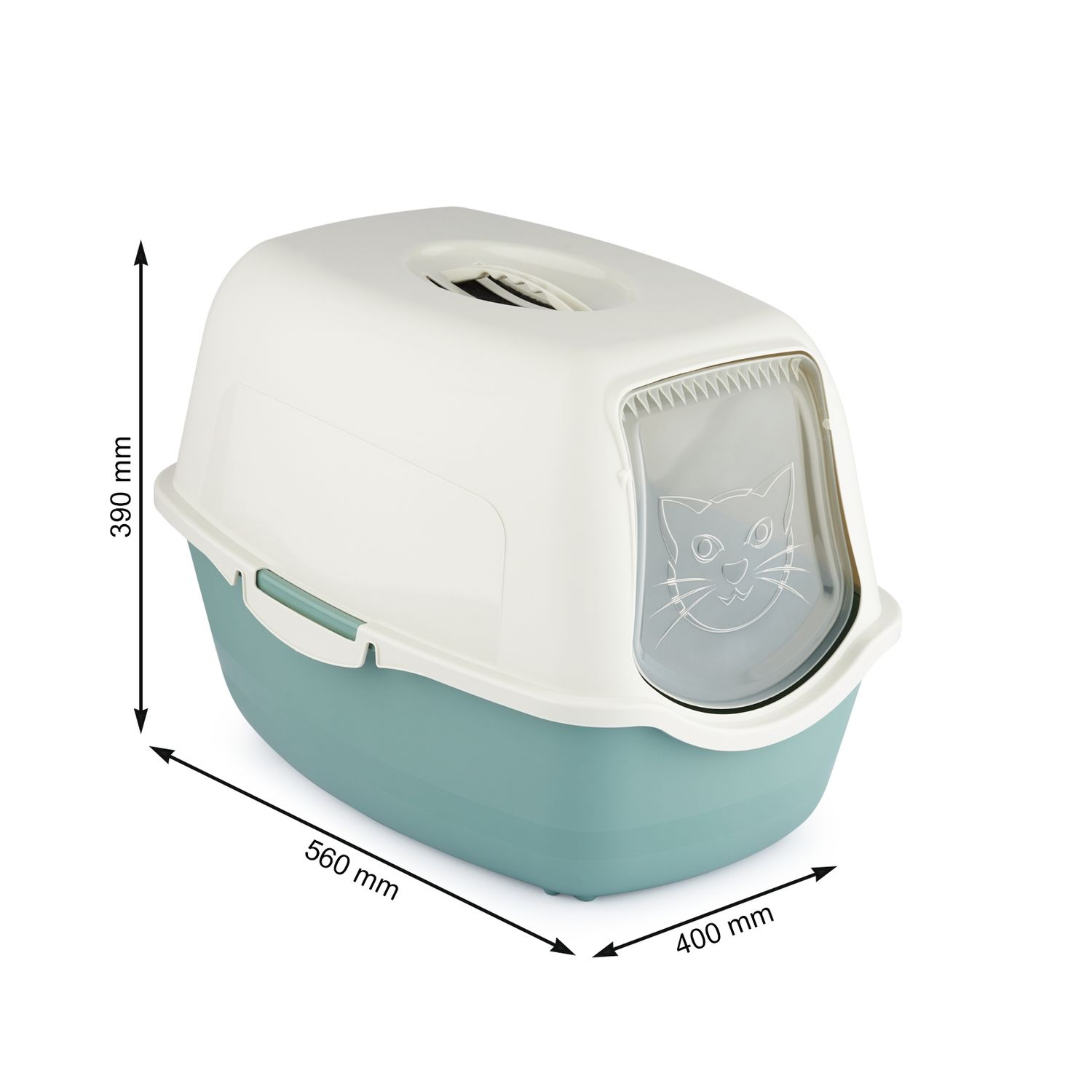 Una cassetta per gatti chiusa blu e bianca con dimensioni di 390 mm di altezza, 560 mm di lunghezza e 400 mm di larghezza.