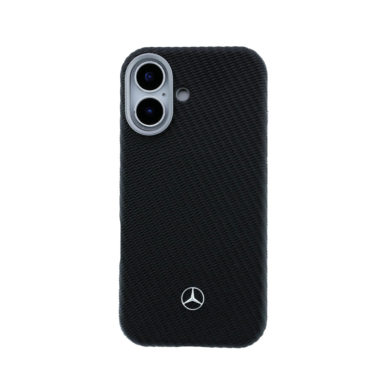 Funda de móvil negra texturizada con cámara dual vertical y logotipo plateado de Mercedes abajo.