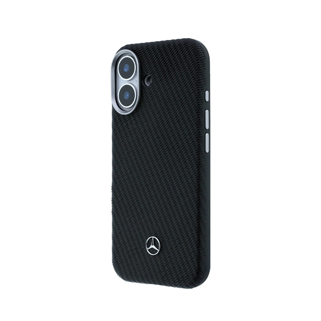 Funda de teléfono negra con textura trenzada, doble lente de cámara en marco plateado y logo de Mercedes.