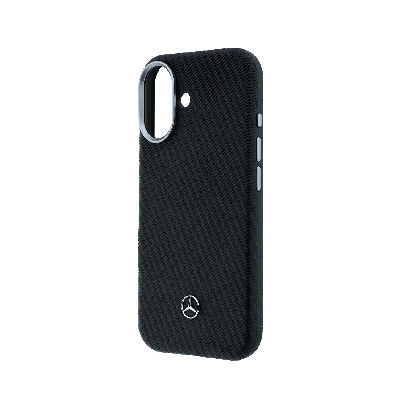 Funda de móvil negra texturizada con logo de Mercedes y recorte de cámara sobre fondo blanco.