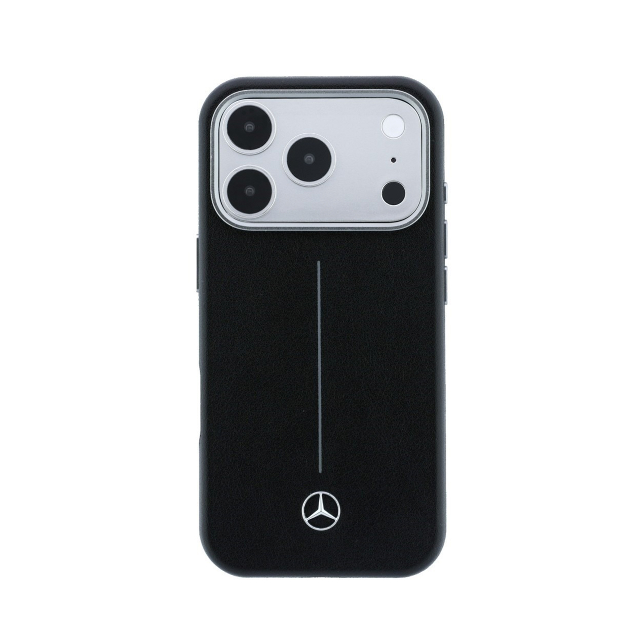 Una funda de móvil negra con módulo de cámara plateado, línea vertical y logotipo de Mercedes.