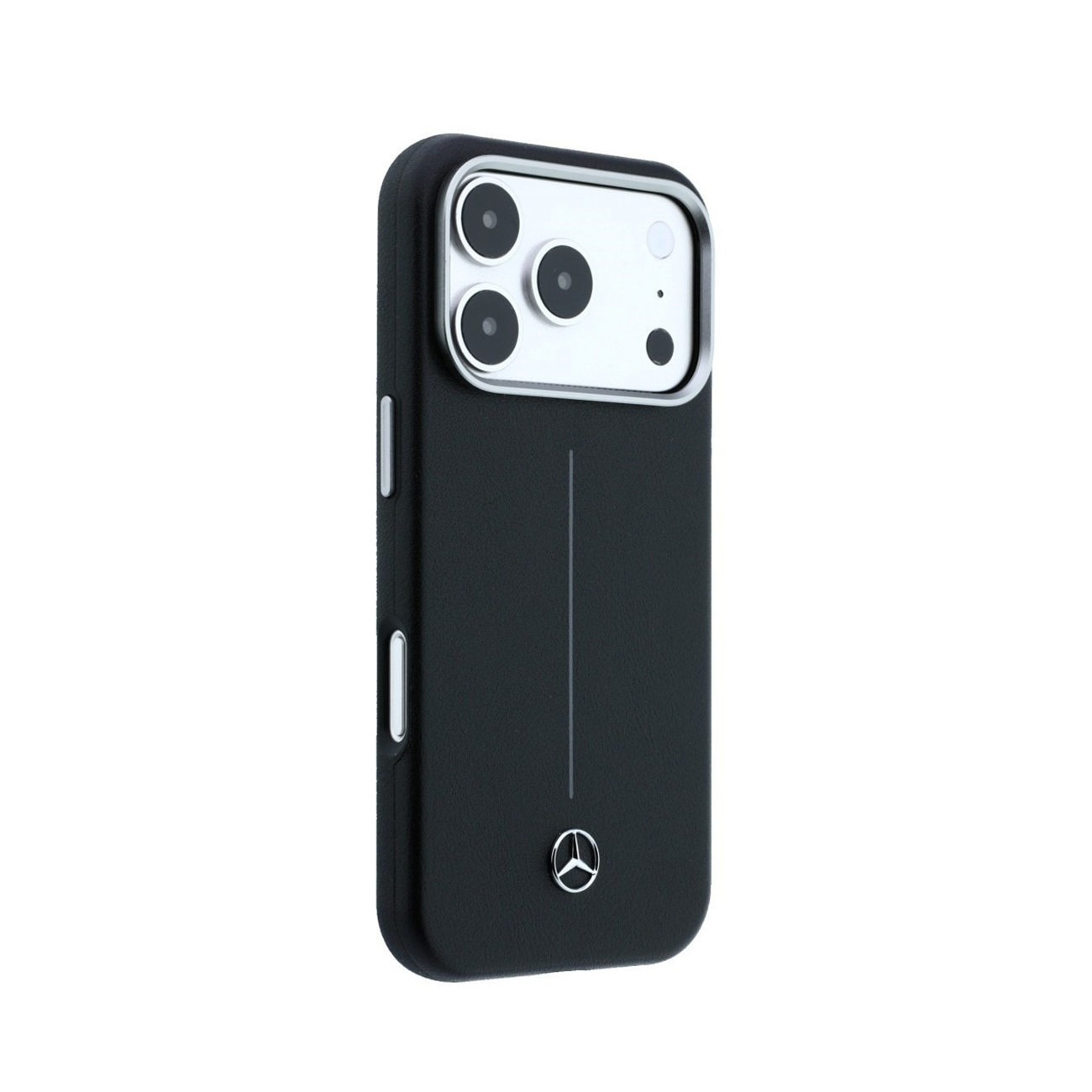 Fundas para smartphone negras con logo de Mercedes, tres lentes de cámara y borde plateado sobre fondo blanco.