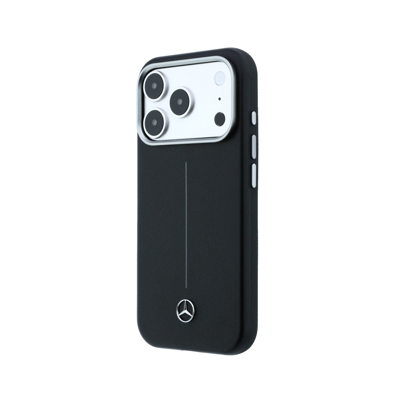 Funda de móvil negra con sección de cámara plateada, línea vertical y logo de Mercedes abajo.