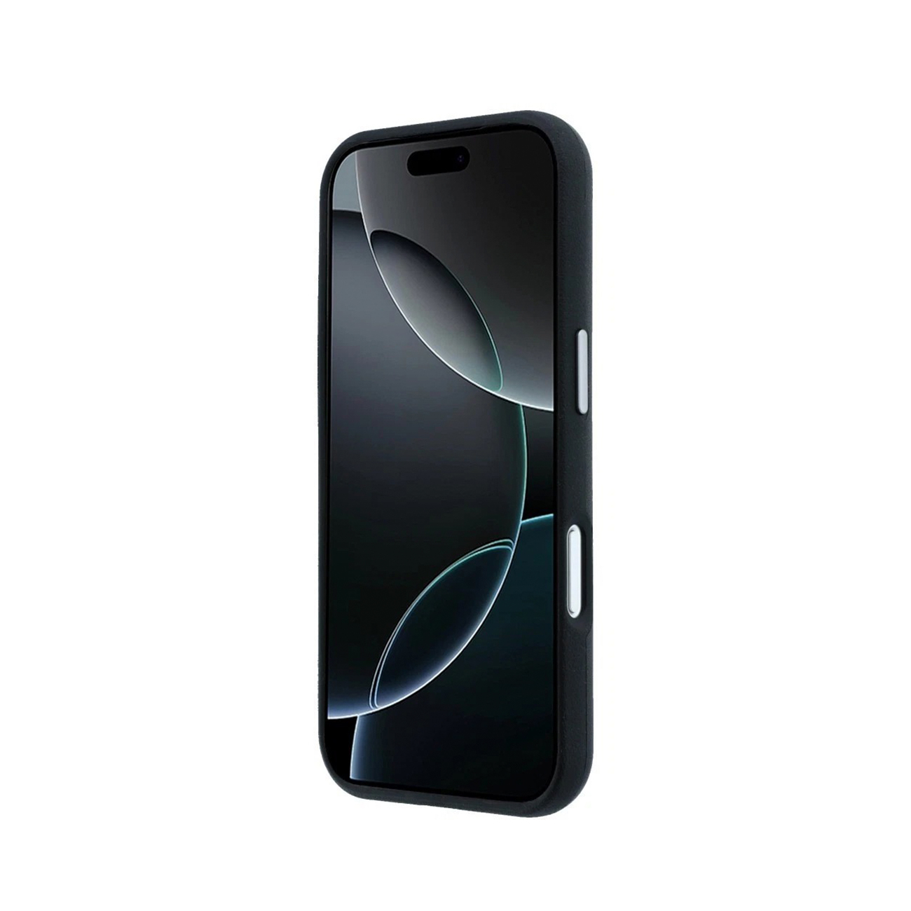 Un teléfono negro con funda protectora muestra un fondo oscuro con arcos geométricos brillantes.