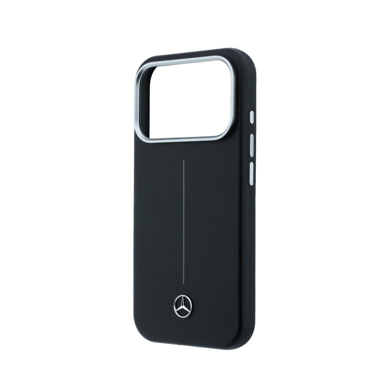 Funda de movil de cuero negro con marco de camara plateado y logo de Mercedes.
