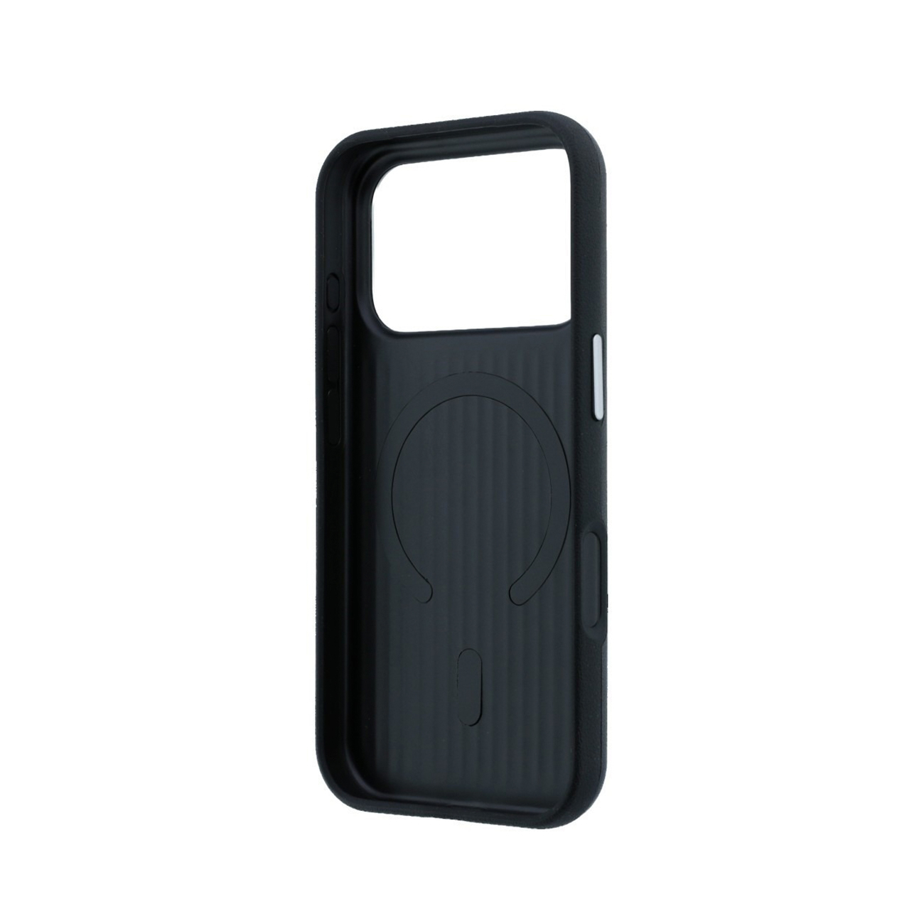 Funda de móvil negra con anillo magnético inalámbrico y botones laterales en blanco.