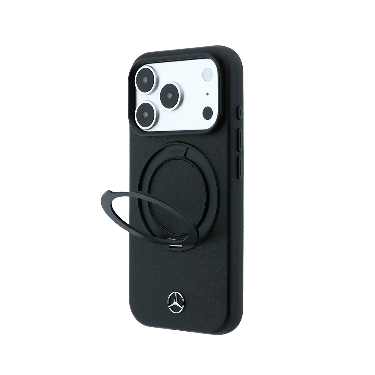 Fundas negras para teléfonos con soporte de anillo integrado sobre fondo blanco.