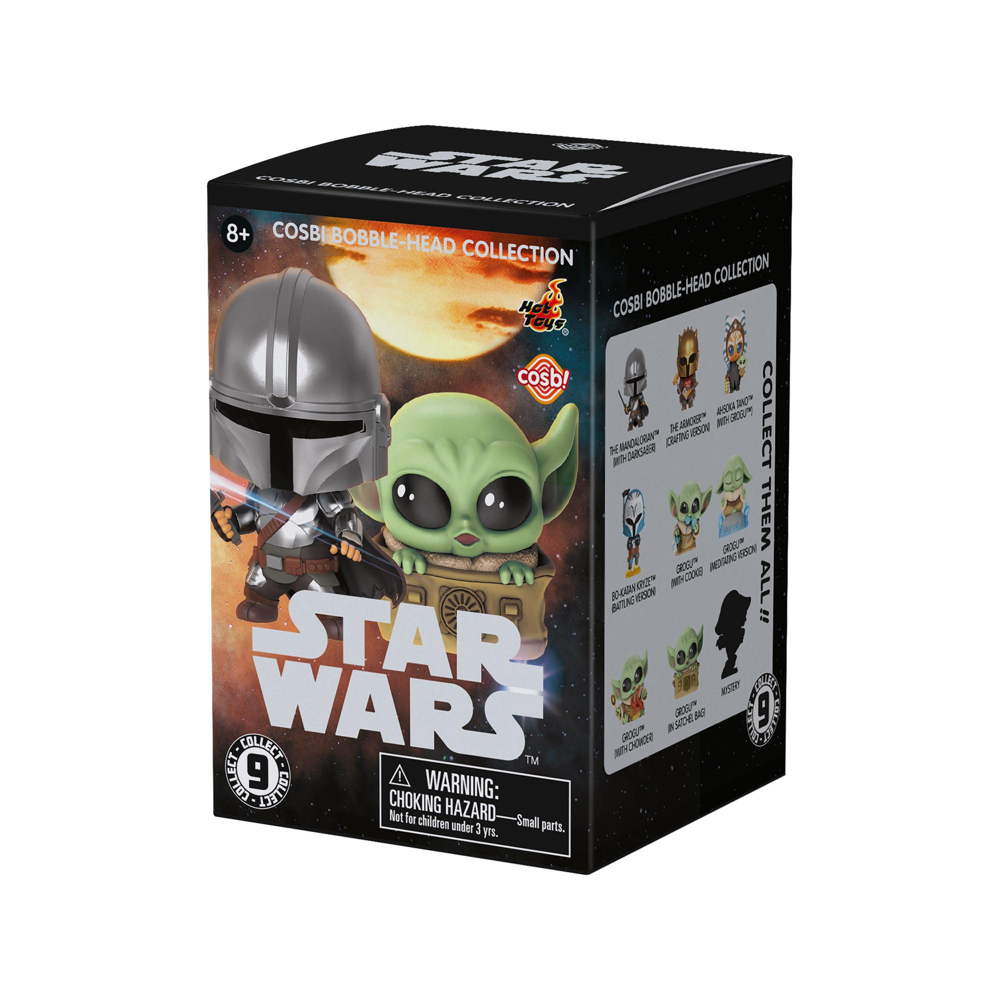 Caja de cabezón Star Wars Cosbi con el Mandaloriano y Grogu sobre fondo espacial.