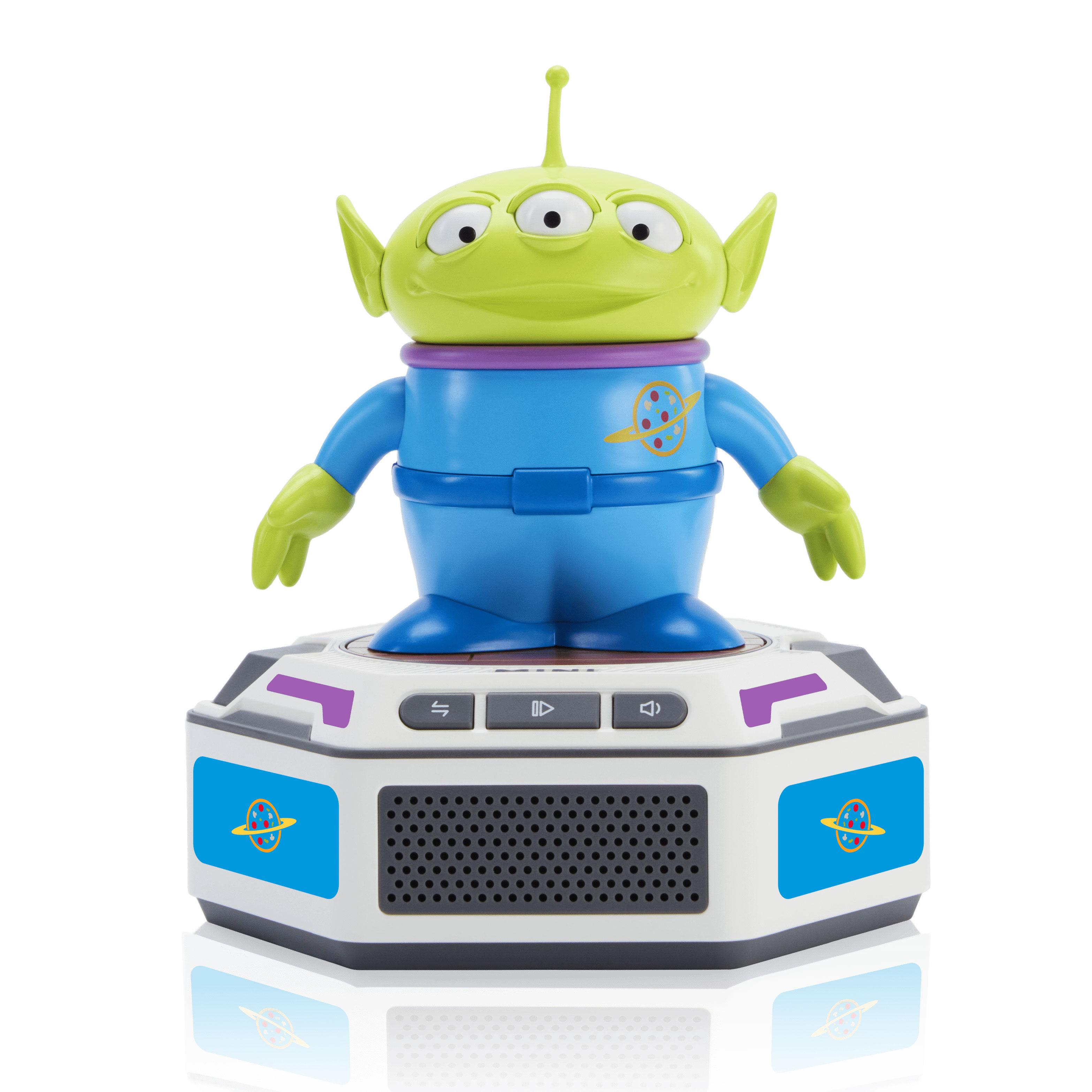Figura de alienígena de Toy Story sobre base blanca y azul con botones y altavoz.