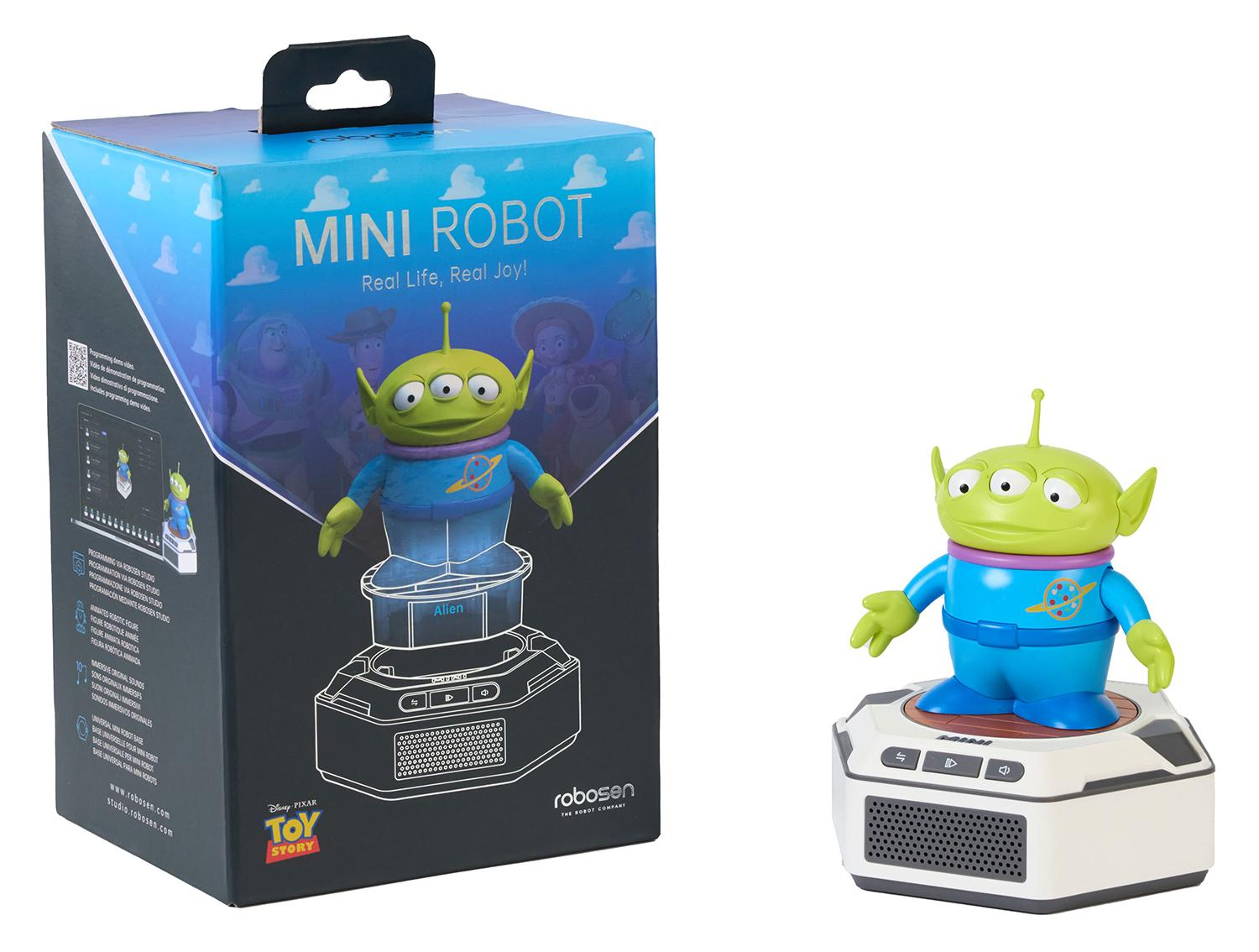 Figura de Alien Mini Robot de Toy Story en base blanca, junto a su caja de embalaje impresa.