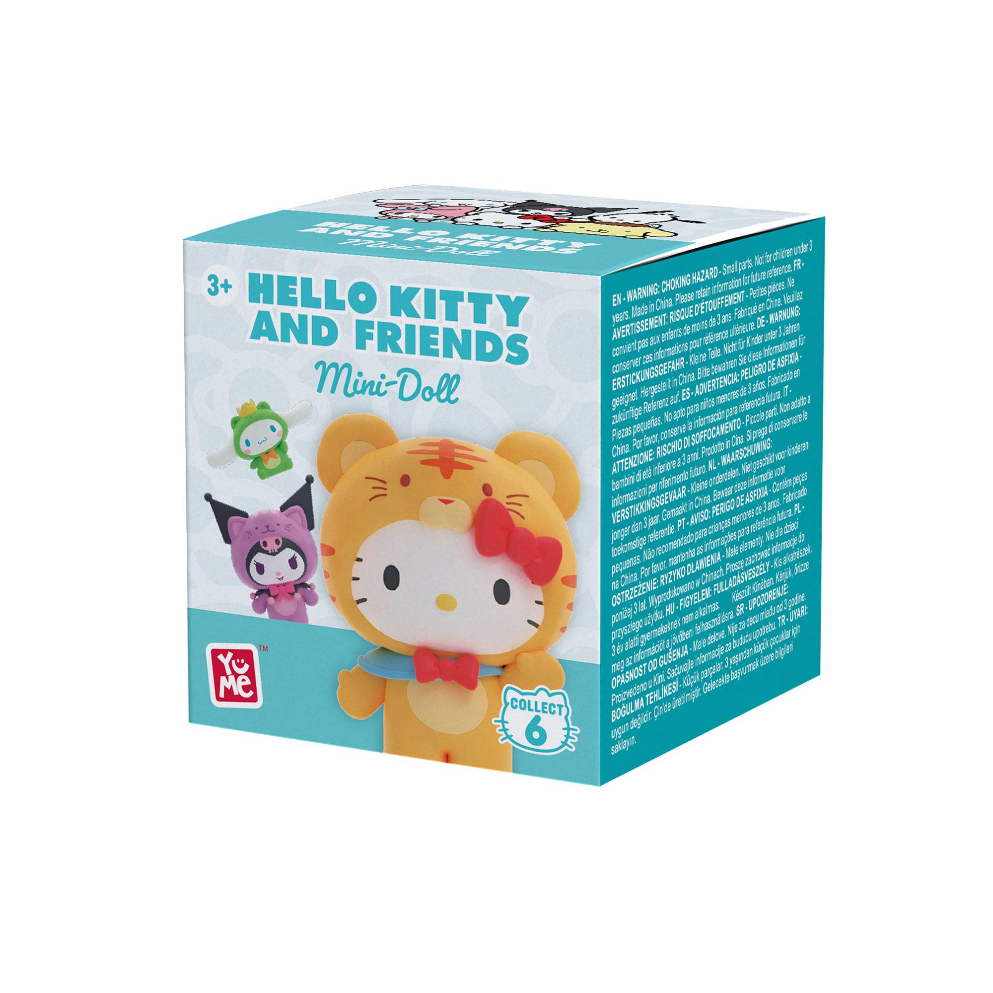 Caja azul claro de Hello Kitty and Friends Mini-Doll con una figura de Hello Kitty con disfraz de tigre.