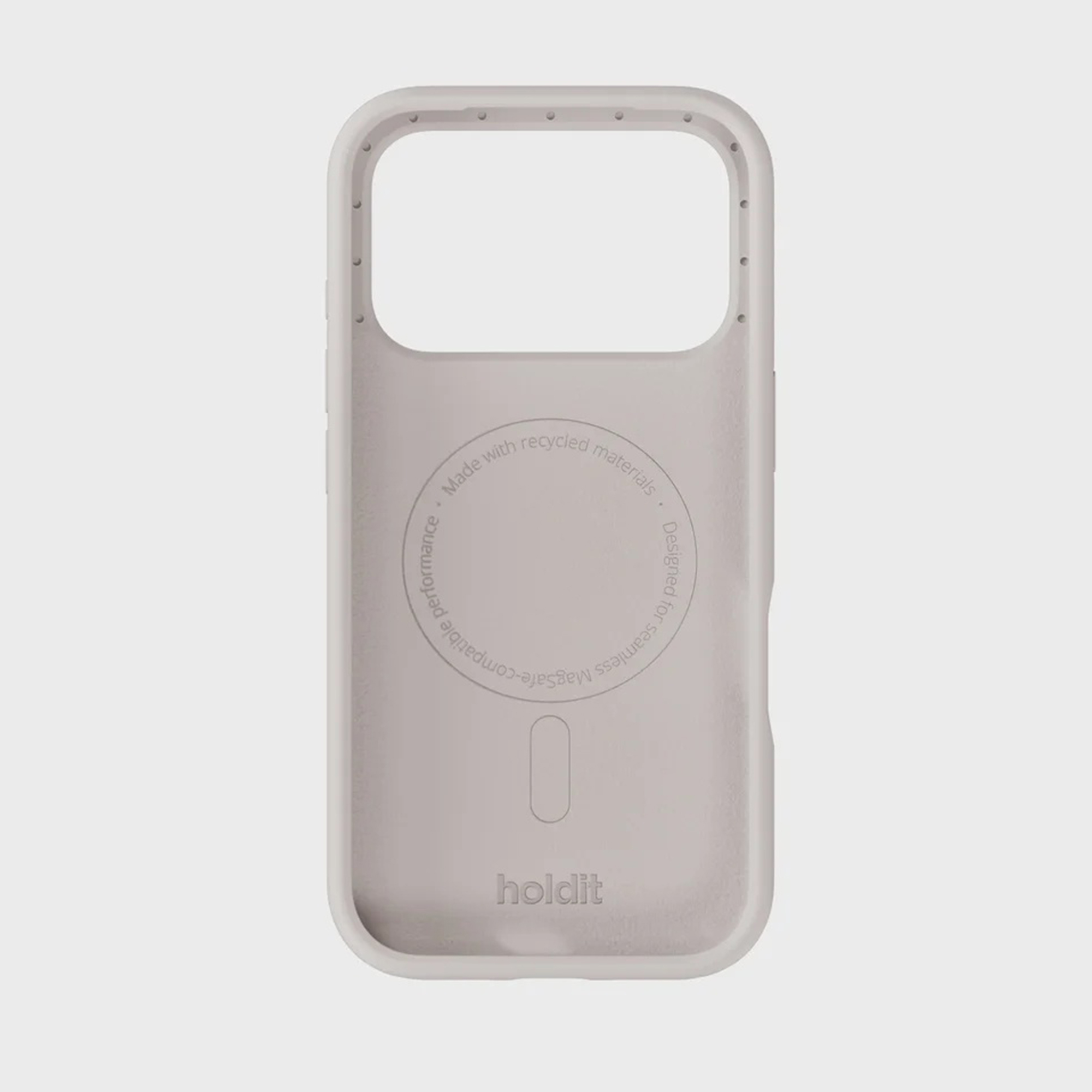 Interno di una custodia per telefono in silicone beige con stampa circolare e logo holdit in basso.